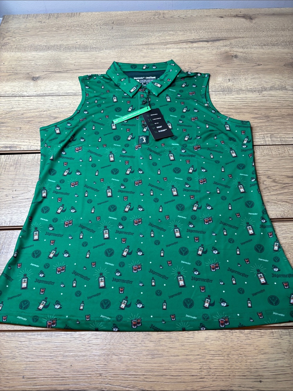 Women’s Bogey Bros Jagermeister Green Sleeveless Collared Golf Polo Size L NWT